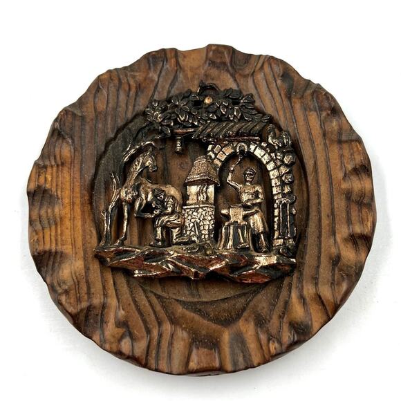 Vintage Wooden Carved Round Wall Hanging Decor Metal Copper Tone Blacksmith - Picture 1 of 8